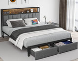 CIKUNASI Queen Size Bed Frame with Storage, Charging Station, and LED Lights CIKUNASI