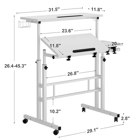 SogesHome 31.5 inch Mobile Standing Desk Adjustable Computer Desk Rolling Laptop Cart Portable Laptop Stand on Wheels Home Office Workstation with Cup Holder,Headphone Holder, Upgrade White SogesHome