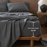 MooMee Fitted Bottom Sheet Only 100% Washed Cotton Linen Like Textured Breathable Durable Soft Comfy Deep Pocket Fits Mattress up to 17" (Dark Grey, Twin) MooMee