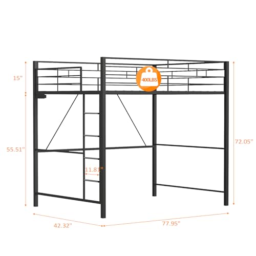 VINGLI Loft Bed Twin Size with 15 Inches Safety Guardrail, Flat Rungs, LED Lights and Charging Station, Heavy Duty Metal Single High Sleeper for Small Space Saving, Kids room and Dorm Apartment, Black VINGLI