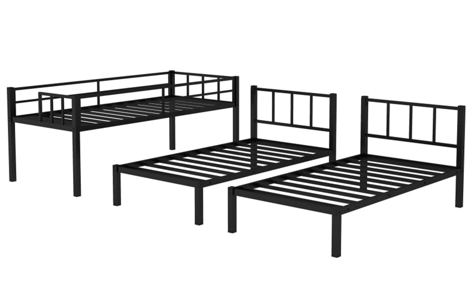 Zevemomo Twin Over Twin & Twin XL Bunk Bed, Metal Triple Bed with Full-Length Guardrail and Ladder, Convertible 3 Beds, No Boxing Spring Needed, Black