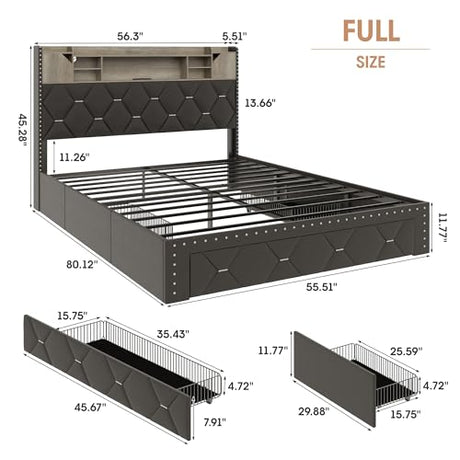 Maupvit Black Full Bed Frame with LED Lights and Storage Drawers, PU Upholstered Platform Bed Frame with LED Lights and Charging Station, 3-Tier Shelves, Rivet Trim, No Box Spring Needed, Noise Free Maupvit