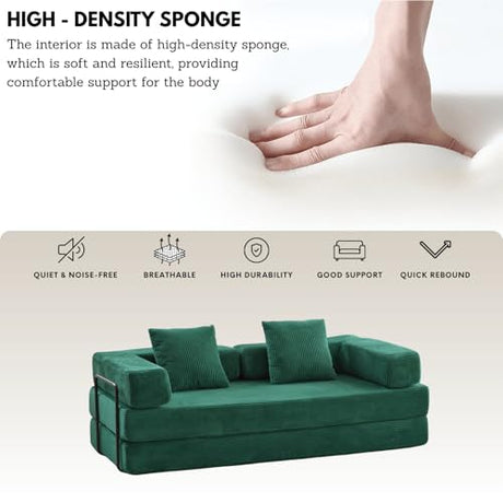 Alpen 77" Futon Sofa, Floor Foldable Sofa Couch Bed Queen with L-Shaped Armrests, Futon Bed with Mattress Included, Fold Out Comfy Lounge for Living Room Bedroom, Dark Green Alpen
