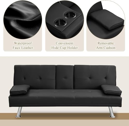 anwickjeff Convertible Folding Futon Sofa Bed with Metal Legs & 2 Cupholders, Modern New Upholstered Couch Loveseat Sleeper, Folding Couches Bed, Removable Armrests for Small Spaces (Black) anwickjeff