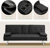 anwickjeff Convertible Folding Futon Sofa Bed with Metal Legs & 2 Cupholders, Modern New Upholstered Couch Loveseat Sleeper, Folding Couches Bed, Removable Armrests for Small Spaces (Black) anwickjeff