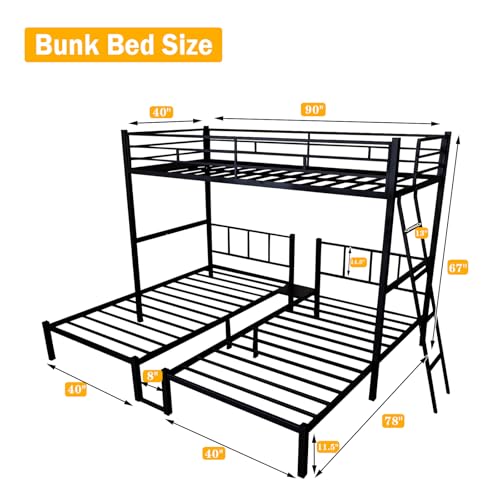 CXRCY Heavy Duty Triple Bunk Bed, Twin Over Twin Over Twin with Guardrails, Inclined Ladder & Storage, Detachable Metal Bunk Bed for 3, Converts to 3 Separate Twin Beds CXRCY