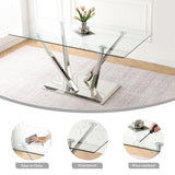HAIZAO 63'' Rectangular Glass Dining Table for 4-6, Luxury Kitchen Table with Tempered Glass and Aesthetic Silver Stainless Steel Base, Modern Dinner Table for Home, Apartment HAIZAO
