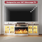 OneBlis 97" Fireplace TV Stand with 36" Electric Fireplace, Farmhouse Entertainment Center for TVs up to 100", Media Console Table with Large Storage Cabinets, for Living Room, White OneBlis