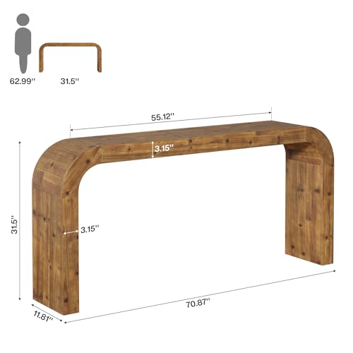 TRIBEWOOD Solid Wood Console Table, 70.87-Inch Farmhouse Sofa Table with Waterfall Curved Corners for Hallway, Living Room, Behind Couch, Entrance (Natural Wood) TRIBEWOOD