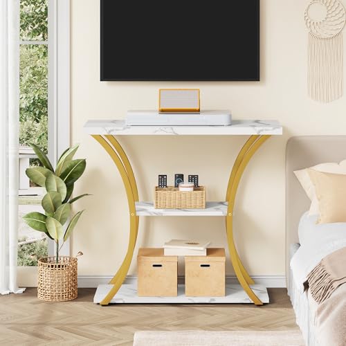 Hoctieon 3 Tier Console Table with Open Wood Shelves, Decorative Entryway Table with Curved Metal Frames, Narrow Sofa Table for Entrance, Living Room, Hallway, Gold and White Marbled Hoctieon