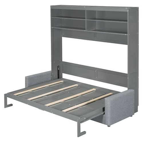 LZ LEISURE ZONE Queen Size Murphy Bed, Wooden Queen Murphy Bed with Sofa, Cushion and Shelves, Gray LZ LEISURE ZONE