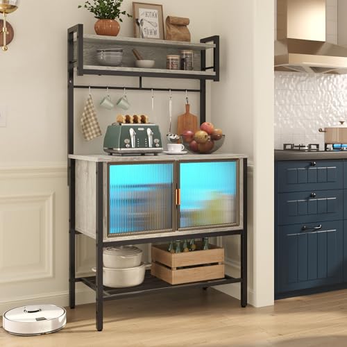 Bestier Retro Grey Oak 5-Tier Multifunctional Bakers Rack with Storage Cabinet & LED Light Bestier