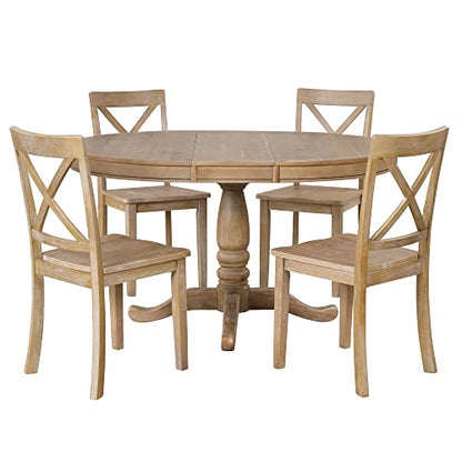 Voohek Dining Set for 4, with Wooden Extendable Round Table and Kitchen Chairs, 5-Piece Family Farmhouse Furniture, for Dinette, Breakfast Nook, Living Room, Natural Wood Wash - WoodArtSupply