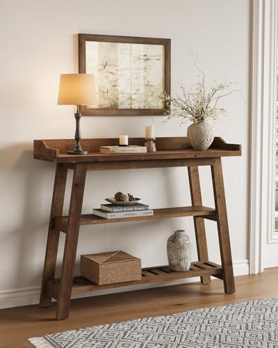 LITTLE TREE Solid Wood Entryway Table, 45" Narrow Console Table for Entryway, 3-Tier Modern Farmhouse Behind Couch Sofa Table with Raised Sided Back Panel for Entrance, Entry, Hallway, Dark Brown LITTLE TREE