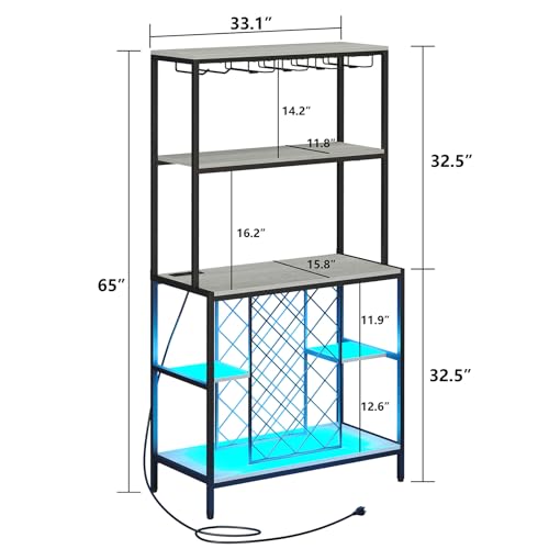 furomate Wine Cabinet with Power Outlets & LED Lights, 5-Tier Industrial Wine Bar Cabinet with Glass Holder, Home Bar Furniture, Wine Ranks for Liquor and Wine Storage, Grey - WoodArtSupply