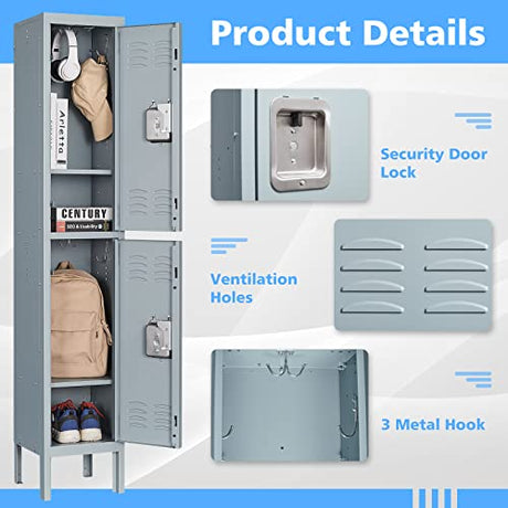 Letaya Storage Locker with Lock Door,Metal Storage Cabinet 4 Tier with Hook for Employees, School,Gym, Home,Office(2 Door-Gray) Letaya