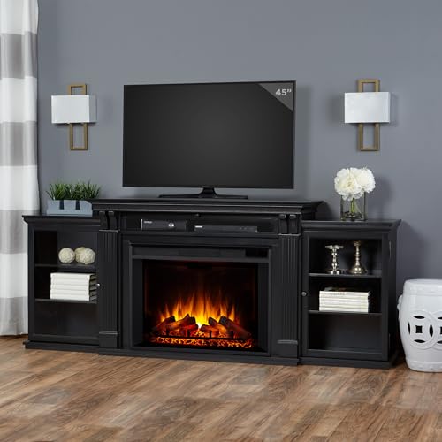 Real Flame Tracey 84" Grand TV Stand with Electric Fireplace in Black, Extra Large Entertainment Center with Electric Fireplace, Living Room TV Stand with Fireplace, fits up to 80" TV