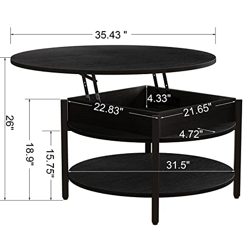 FABATO Round Lift Top Coffee Table for Living Room, 35.43'' Round Coffee Table with Storage and Hidden Compartment, 2 Tier Large Farmhouse Coffee Table Round Dining Table, Black - WoodArtSupply