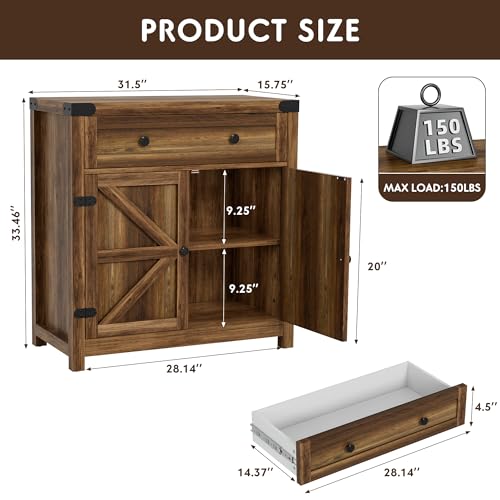 YESHOMY Coffee Bar Accent Cabinet, Farmhouse Barn Door Buffet Sideboard with Drawer and Adjustable Shelf, Wide Desktop for Kitchen, Dining Room, Bathroom, Entryway, Brown - WoodArtSupply