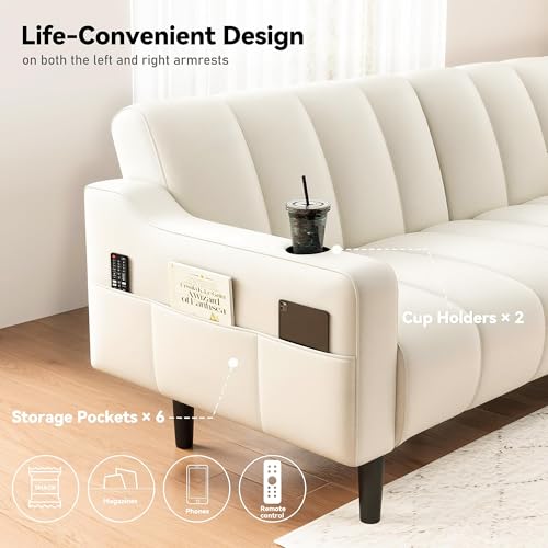 Brelice 80'' Leather Couch, Futon Sofa Bed, Faux Leather Couch with Adjustable Backrest, 2 Cup Holders & Side Pockets, Mid Century Modern Sofa for Living Room, Bedroom, Cream White Brelice