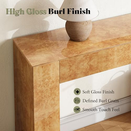 AMERLIFE 63" Burl Wood Console Table, Modern High Gloss Entryway Table with 2 Storage Drawers, Long Sofa Table Behind the Couch for Entrance, Hallway, Foyer, Living Room, Natural AMERLIFE