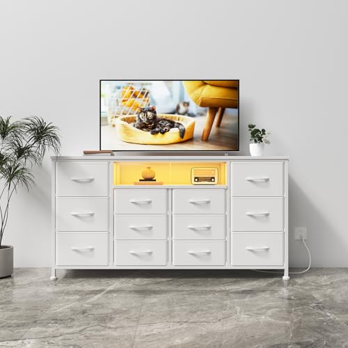 WODRAWER TV Stand Dresser for Bedroom with 12 Drawers for 60" TV, Fabric Drawers Entertainment Center with Power Outlets & LED Lights & Open Shelves, Long Dresser for Console, Living Room