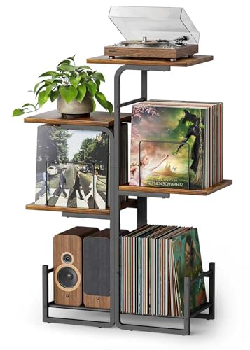 Bikoney Planter-Inspired Record Player Stand with Large Vinyl Storage, Vintage Turntable Table Cabinet with LP Holder Shelf, Record Display Organizer for Albums, Living Room, Bedroom & Small Spaces Bikoney