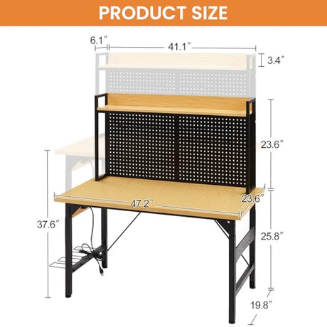 48L''Adjustable Height Workbench with Pegboard, Heavy Duty Wooden Desktop Workbench with Wheels, 2000 lb. Load Capacity, Rolling Workbench with AC/USB Outlet, Hooks, Shelf (Yellow+Black, 48''L) Clyrava