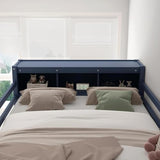 Bellemave Full Size Wood Loft Bed with L-Shaped Desk and Wardrobe,Wooden Loft Bed Frame with Bookshelf and Bookcase Headboard for Kids Teens Adults,Dark Blue Bellemave