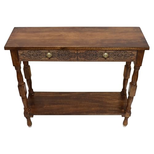 COTTON CRAFT Solid Wood Accent Console Table - Hand Carved Sofa Table - Hallway Entryway Two Drawers Small Space Transitional Traditional Farmhouse Easy Assembly - 36 W x 32 H x 11 D - Antique Brown COTTON CRAFT