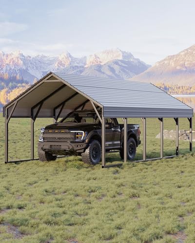 GarveeLife Oversized Metal Carport 12x25 ft, Reinforced Frame and Steel Roof for All-Weather Use, Permanent Shelter for Bass Boats, Full-Sized Pickup Trucks, and Tractors GarveeLife
