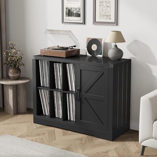 IDEALHOUSE Record Player Stand Cabinet with Door, Farmhouse Turntable Storage Cabinet with Holder Shelves up to 750 Albums, Wooden CD DVD Table Rack for Living Room, Black IDEALHOUSE