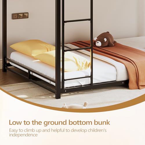 Bonnlo Full Over Full Metal Bunk Bed, Twin Size Frame with Ladder & Safety Guardrail, Low Profile Space-Saving Design, Ideal for Kids & Juniors, Mattress Not Included (Black) Bonnlo