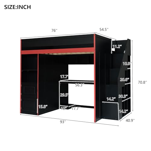 SOFTSEA Full Size Gaming Loft Bed with Desk & Storage Stairs, Solid Wood Loft Bed with LED Lights, Wardrobe and Shelves, Space-Saving Gaming Bed for Kids Teens Adults, Black + Red SOFTSEA