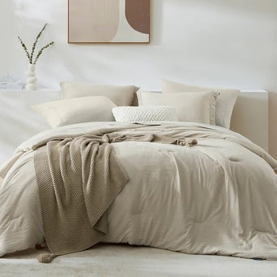 WRENSONGE Oversized Queen Comforter Set - 7 Pieces Light Oatmeal Bed in a Bag Queen with Sheets, 2 Pillow Shams, and 2 Pillowcases- Warm Bedding Sets Queen for All Season