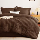 CozyLux King Size Comforter Set Brown Seersucker 7 Pieces Bed in a Bag King Comforter Set with Sheets, Luxury Soft Bedding Set with Down Alternative Comforter, Sheets, Pillowcases & Shams All Seasons CozyLux