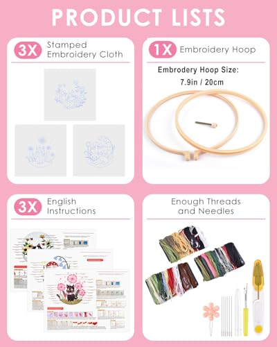 TINDTOP Embroidery Kit for Adults, Cat Embroidery Practice Kit for Beginners Include Embroidery Cloth Hoops Threads for Craft Lover Hand Stitch with Embroidery Skill Techniques TINDTOP