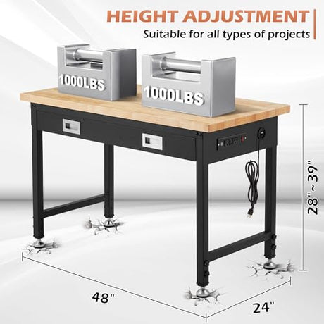 48” Adjustable Workbench with Drawer Storage,Work Benches for Garage with Rubberwood Top,2000 LBS Capacity Worktable with Power Outlets for Workshop,Garage,Home,Office Antifir