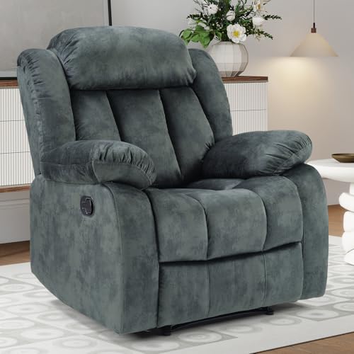 INZOY Manual Recliner Chair with Padded Armrest, Wall-Hugger Single Sofa Recliners with Overstuffed Back, Classical Fabric Reclining Chairs for Living Room Theater Seating, Grey