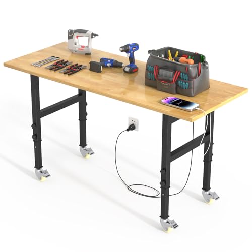 Adjustable Heavy Duty Workbench with Metal Wheels,Rubber Wood Top Working Table, 2500 LBS Load Capacity with for Workshop and Office,etc. DUSACOM