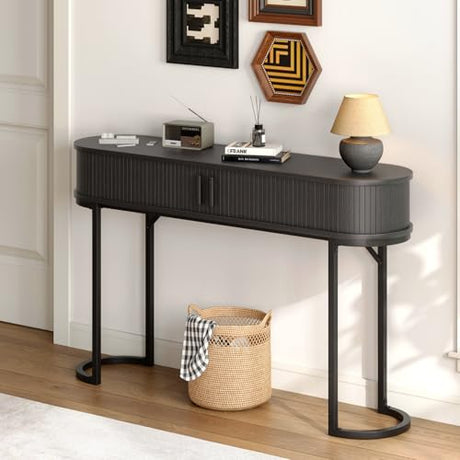 ONBRILL 55 Inch Console Table with 2 Drawers, Entryway Table with Sliding Door, Long Sofa Table Behind Couch w/Metal Leg, Mid-Century Modern Console Table for Entryway, Hallway, Living Room,Black ONBRILL