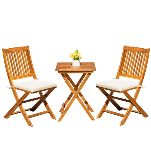 Greesum 3 Piece Patio Folding Furniture Bistro Set with 2 Cushions for Pool Beach Backyard Balcony Porch Deck Garden, Acacia Wood - WoodArtSupply