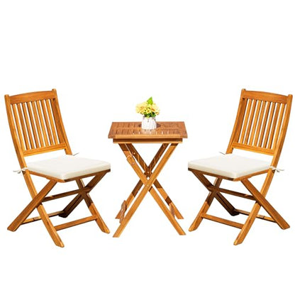 Greesum 3 Piece Patio Folding Furniture Bistro Set with 2 Cushions for Pool Beach Backyard Balcony Porch Deck Garden, Acacia Wood - WoodArtSupply