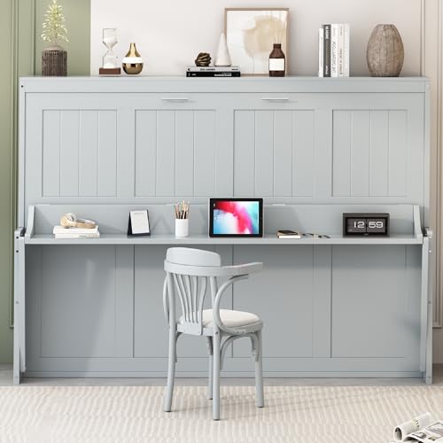 Merax Murphy Bed Full Size with Desk, Wood Folding Wall Bedframe with Smooth Hydraulic Lift, for Small Bedroom, Guest Room, Home Office, Grey Merax