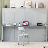 Merax Murphy Bed Full Size with Desk, Wood Folding Wall Bedframe with Smooth Hydraulic Lift, for Small Bedroom, Guest Room, Home Office, Grey Merax