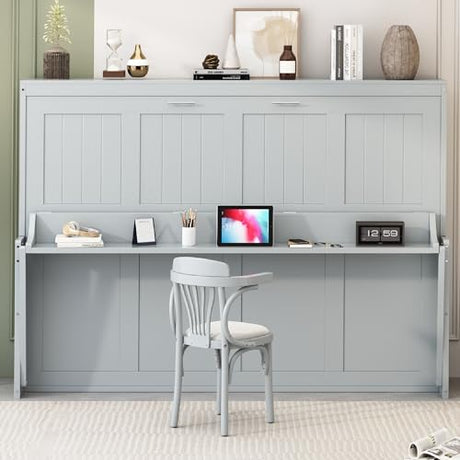 Merax Murphy Bed Full Size with Desk, Wood Folding Wall Bedframe with Smooth Hydraulic Lift, for Small Bedroom, Guest Room, Home Office, Grey Merax