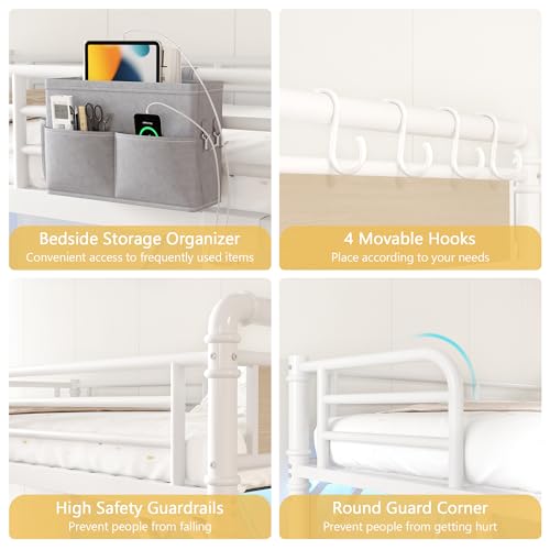 Twin Size Loft Bed with LED Lights and Charging Station, Industrial Heavy Duty Metal Loft Bed Frame with Ladder and Guardrail for Kids Adults, Small Space Saving Design for Bedroom Dorm, White Jocoevol