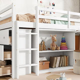 KEIKI Twin Loft Bed with Pull-Out Desk, Drawers & Open Shelves, Wooden Bed Frame with Guardrail, Low Design for Kids, White KEIKI