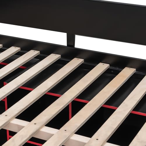 Merax Wood Loft Bed with Desk, Open Wardrobe, Storage Compartments and RGB Lights, Full Size, Red Merax