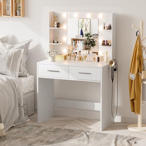JUMMICO Makeup Vanity Desk with Mirror and Lights Power Outlet, Vanity Table Makeup Desk 2 Drawers, 6 Storage Shelves Hairdryer Holder & Bench Dressing Table for Bedroom (White, No Bench) JUMMICO